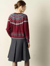 Burgundy Fair Isle Knit Crew Neck Button Front Cardigan