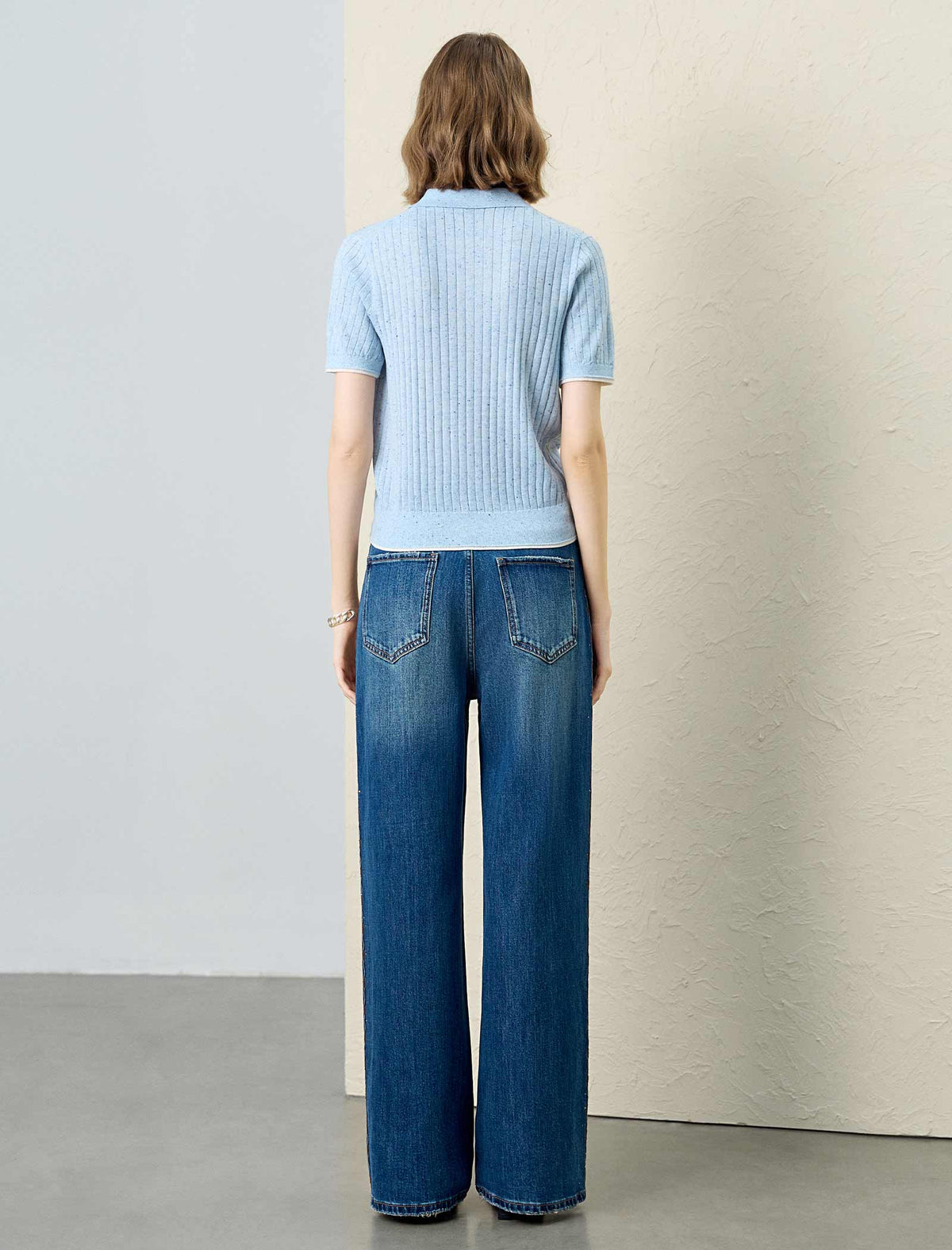 Ribbed Polo‑Collared Knit Short‑Sleeve Top