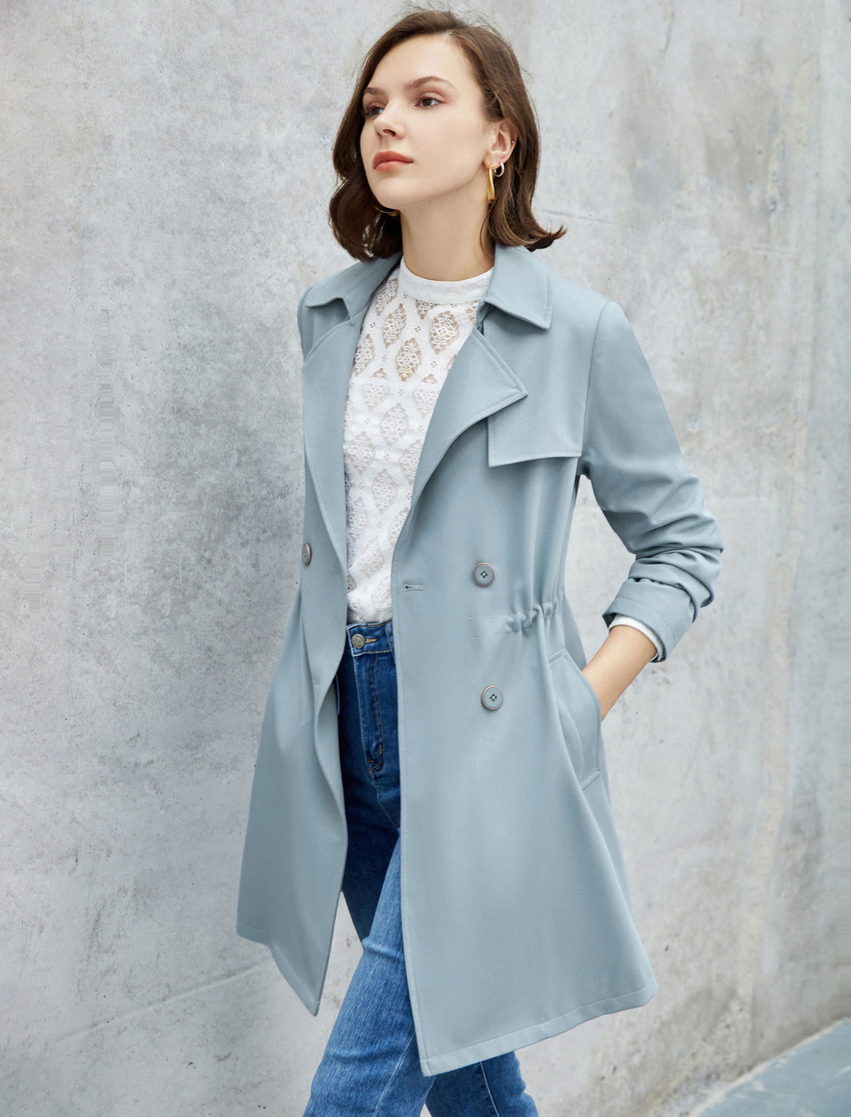 Drawstring Waist Double-Breasted Long Sleeve Trench Coat