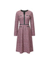 Jacquard Plaid V-Neck Long Sleeve Pearl-Button A-Line Dress