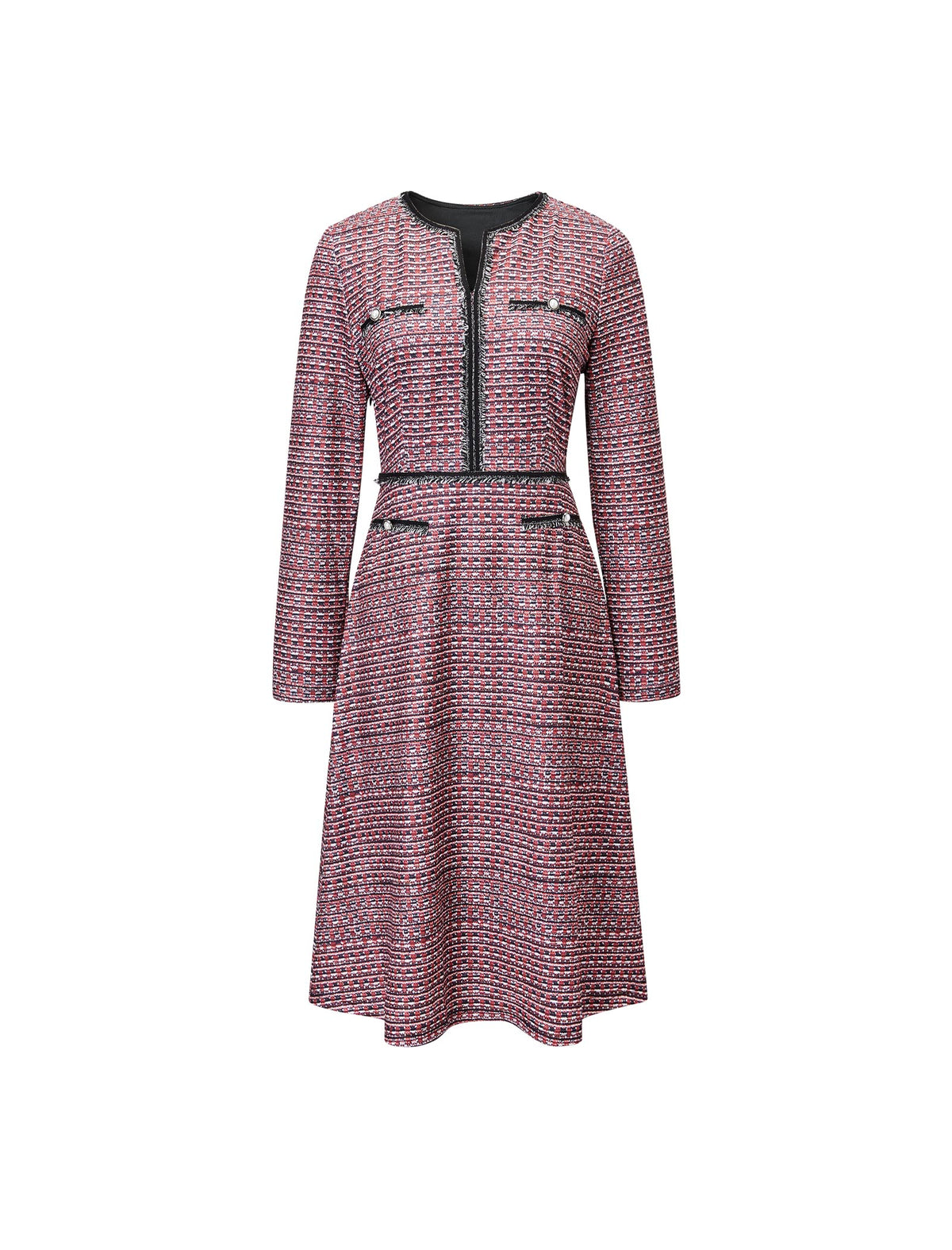 Jacquard Plaid V-Neck Long Sleeve Pearl-Button A-Line Dress