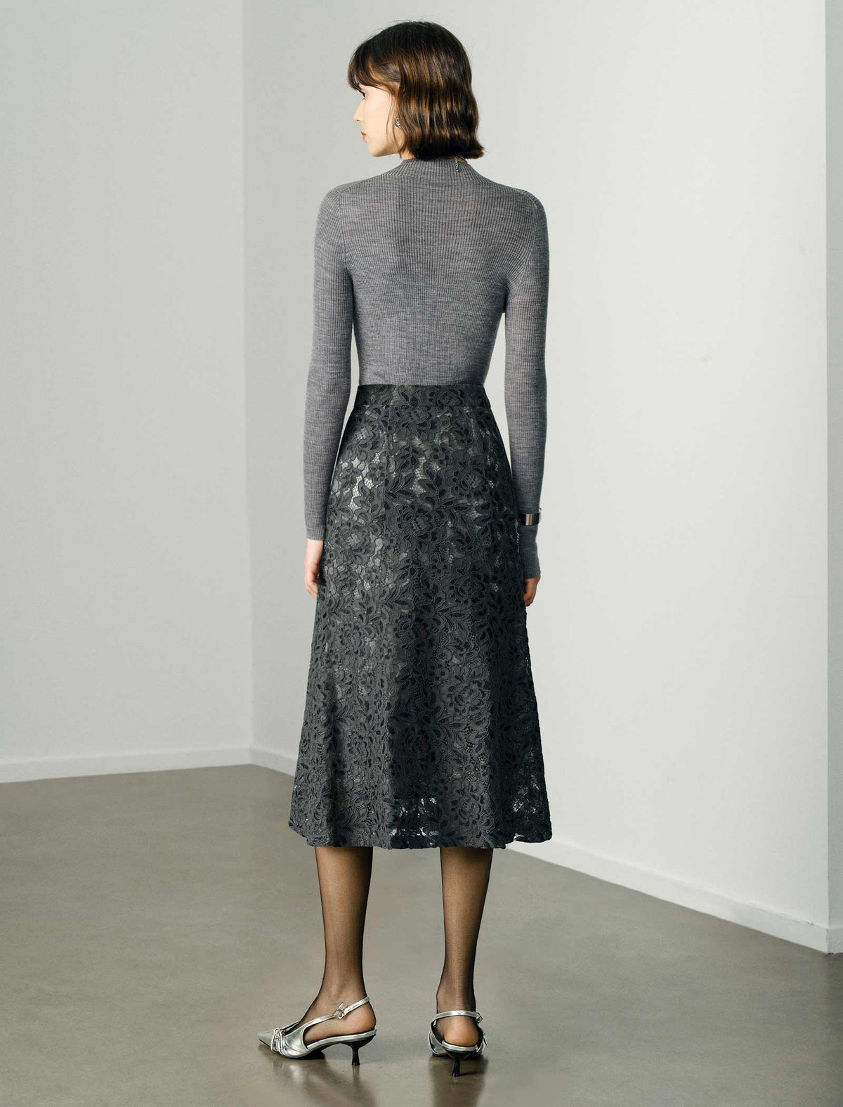 Floral Lace Flared Hem Midi Skirt