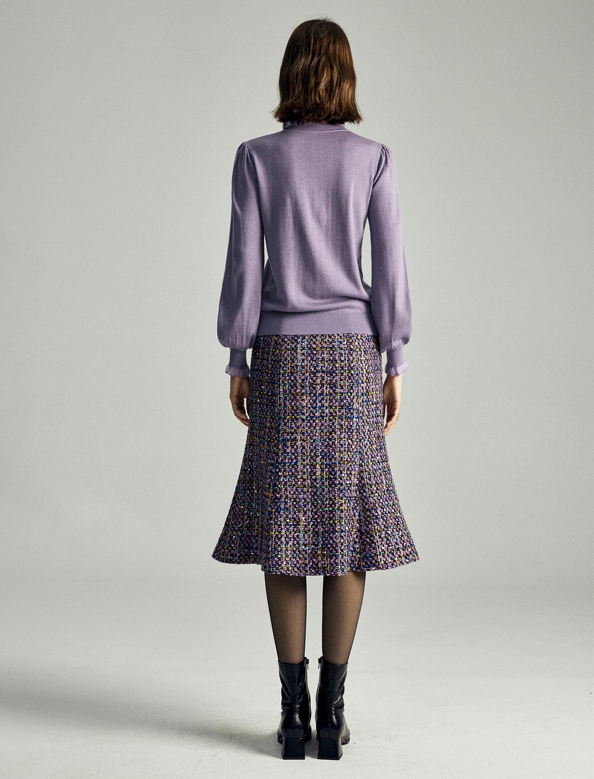 Dark Purple Tweed Fishtail Midi Skirt
