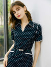 V-Neck Polka Dot Waist-Cinched Fitted Dress