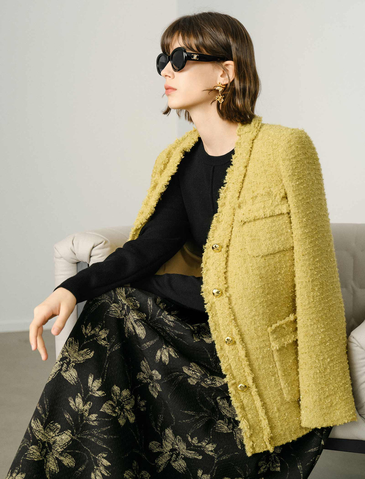 Tweed Wool-Blend V-Neck Jacket