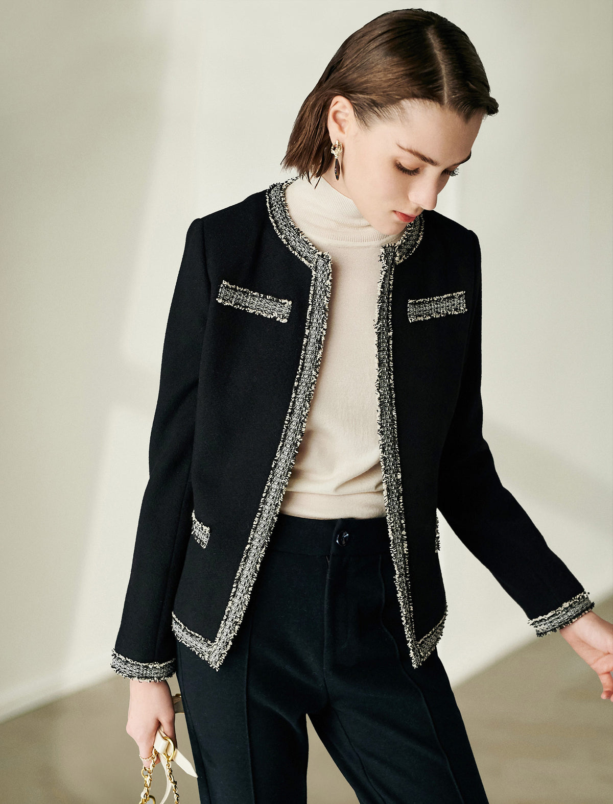 Wool Blend Braided-Trim Hook-Front Fitted Jacket