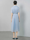 Light Blue Tencel Linen Blend Lace-Trimmed Shirt Midi Dress