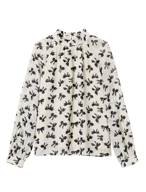 Floral Print Chiffon Ruffled Neckline Blouse