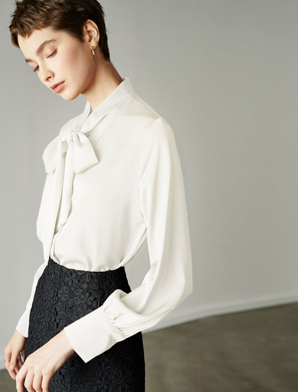 Satin Bow‑Tie Stand‑Collar Long‑Sleeve Blouse