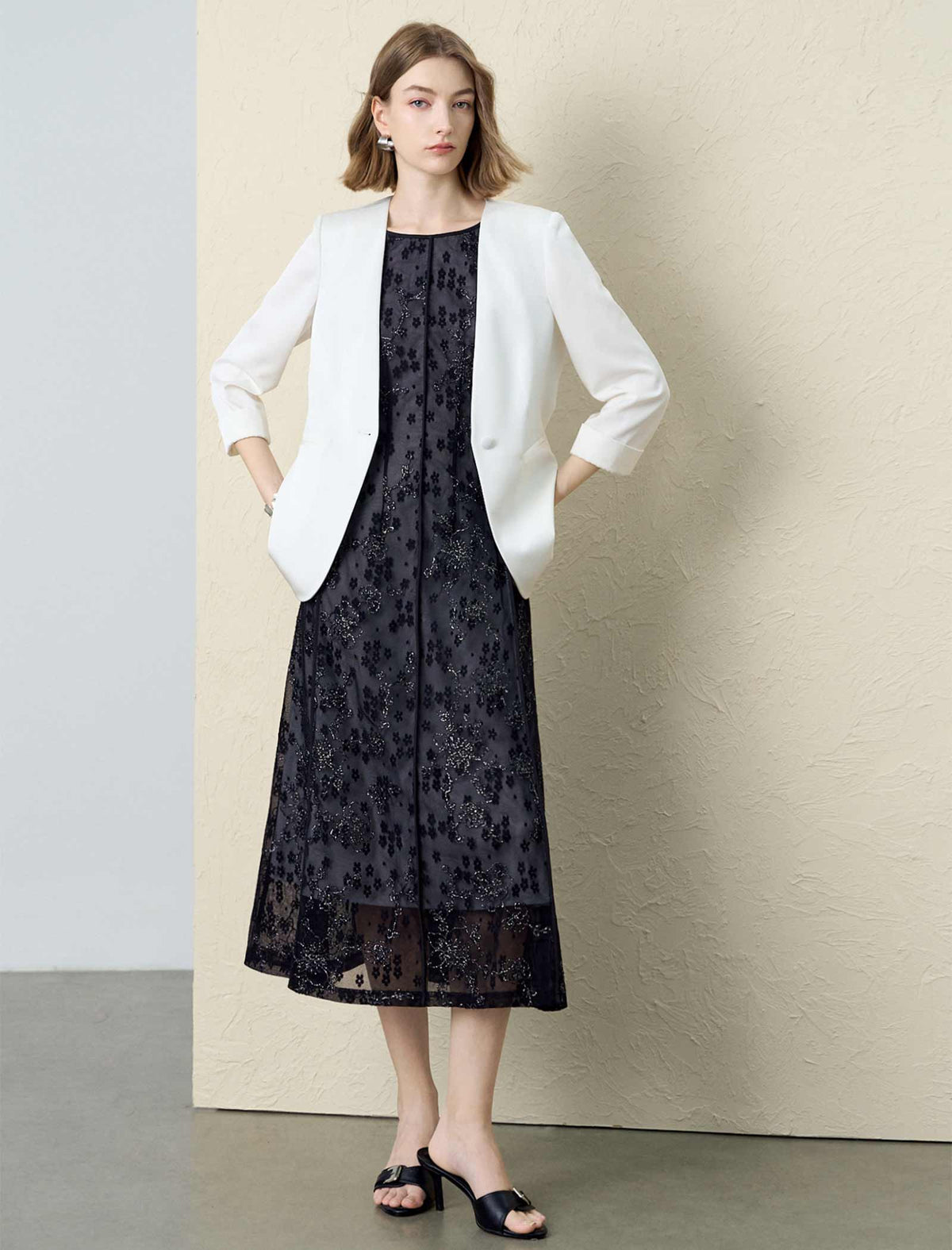Black Floral Embroidered Mesh Midi Dress
