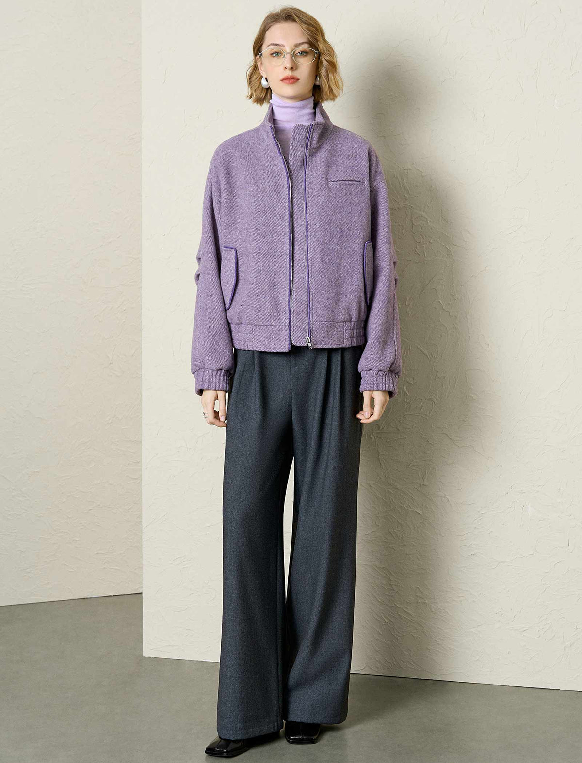 Lavender Textured Wool Blend Bomber Jacket