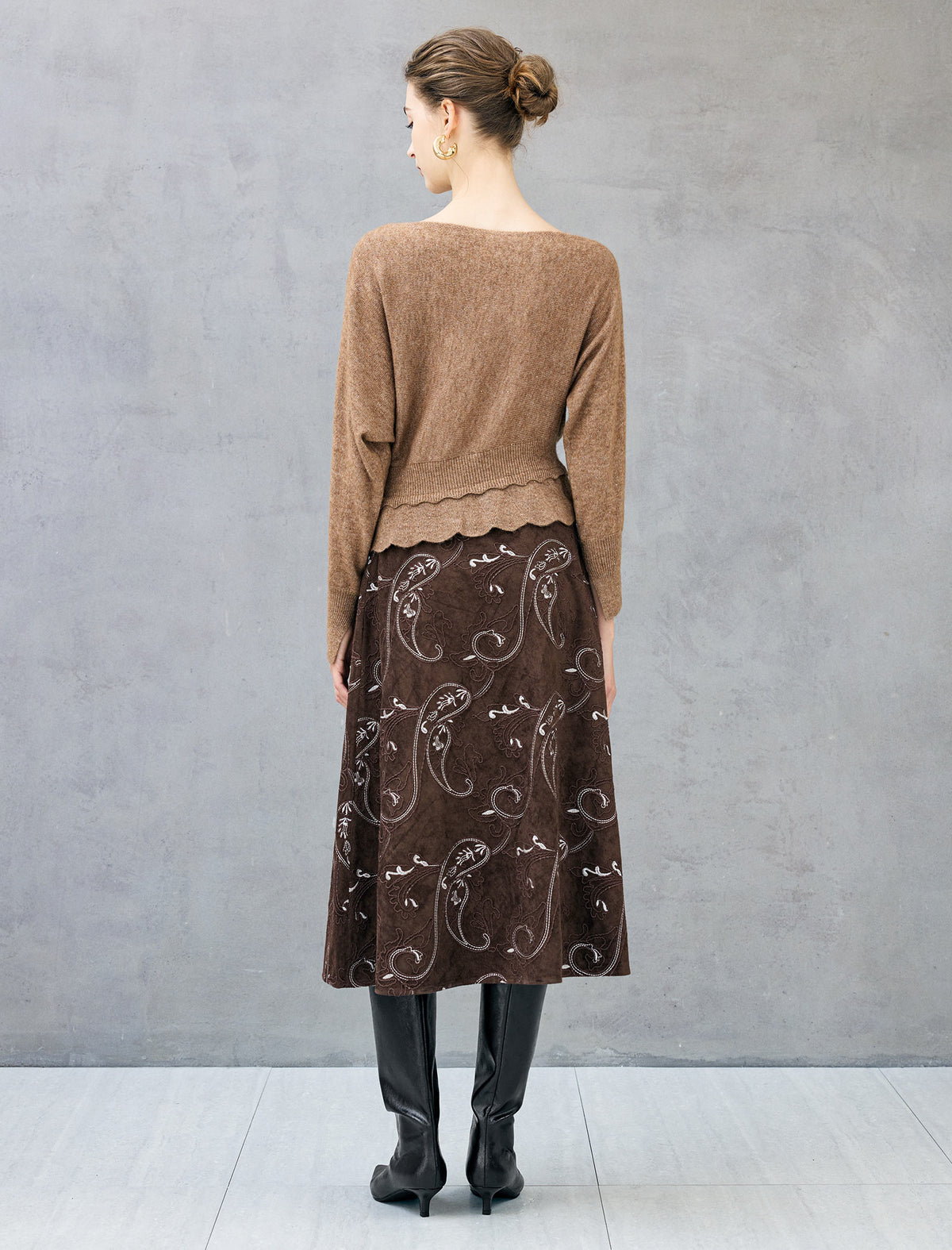 Embroidered Paisley High-Waist A-Line Midi Skirt