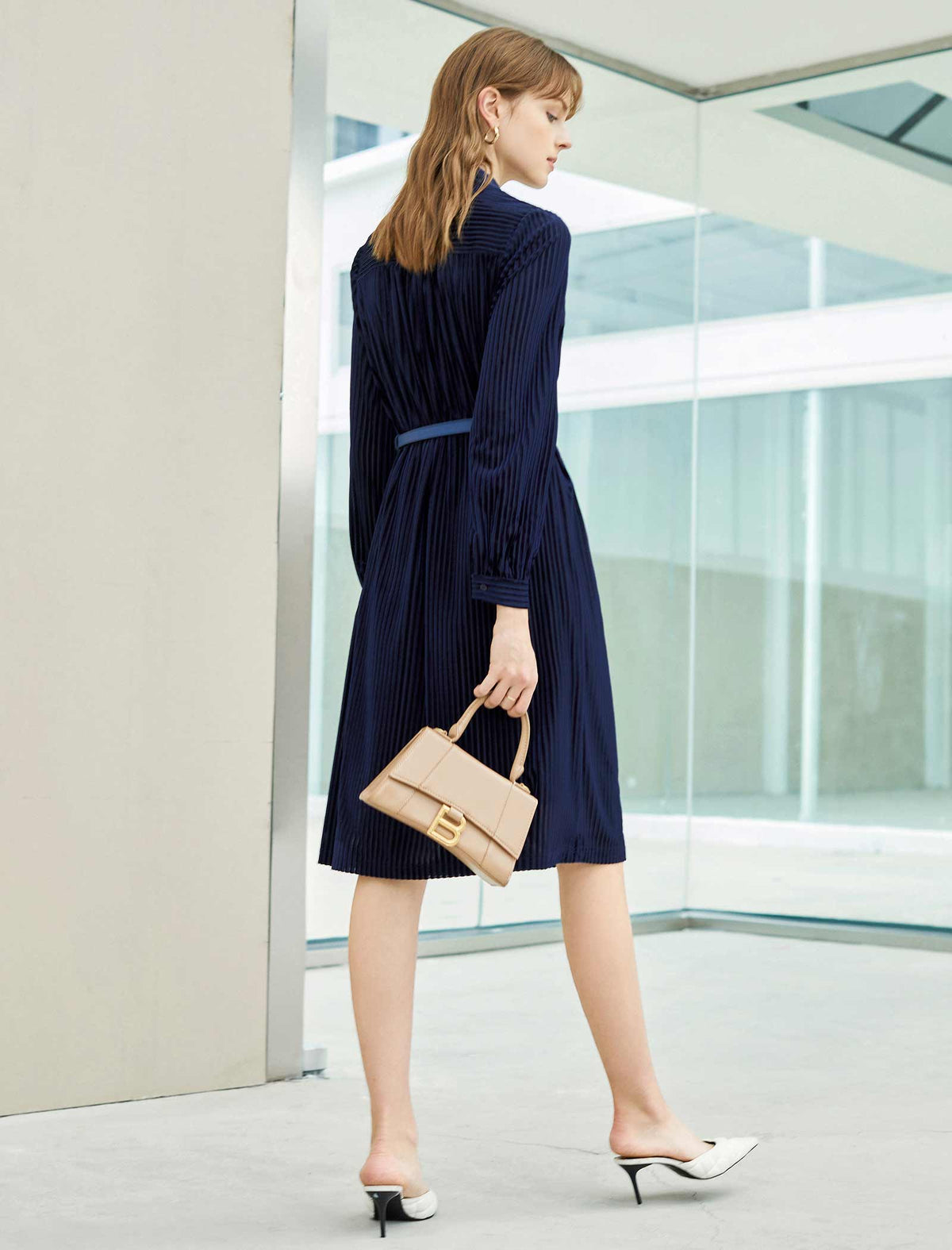 Navy Blue Tie Neck Pleated Midi Dress