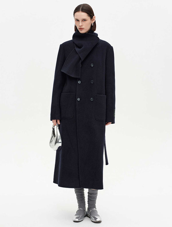 Wool-Rabbit-Alpaca Blend Double-Breasted Coat with Attached Scarf