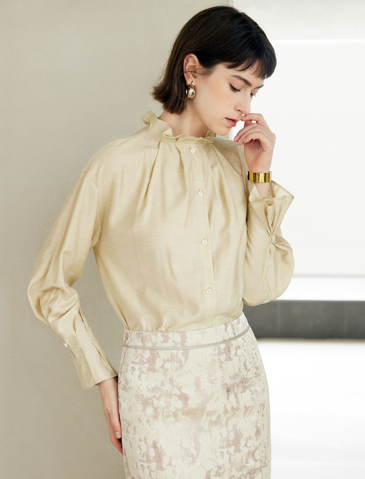 Ruffle Collar Long Sleeve Button Front Blouse