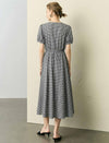 Gingham Puff Sleeve Drawstring Waist Midi Swing Dress