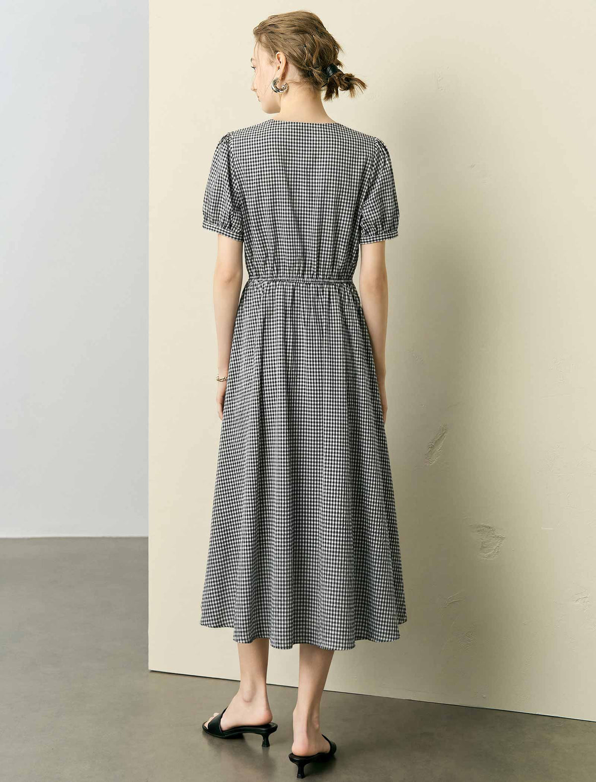 Gingham Puff Sleeve Drawstring Waist Midi Swing Dress