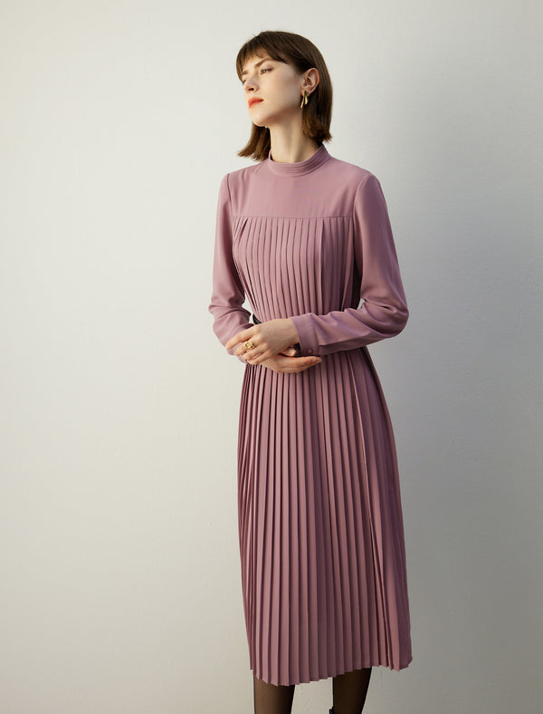 Mock Neck Pleated Midi Dress