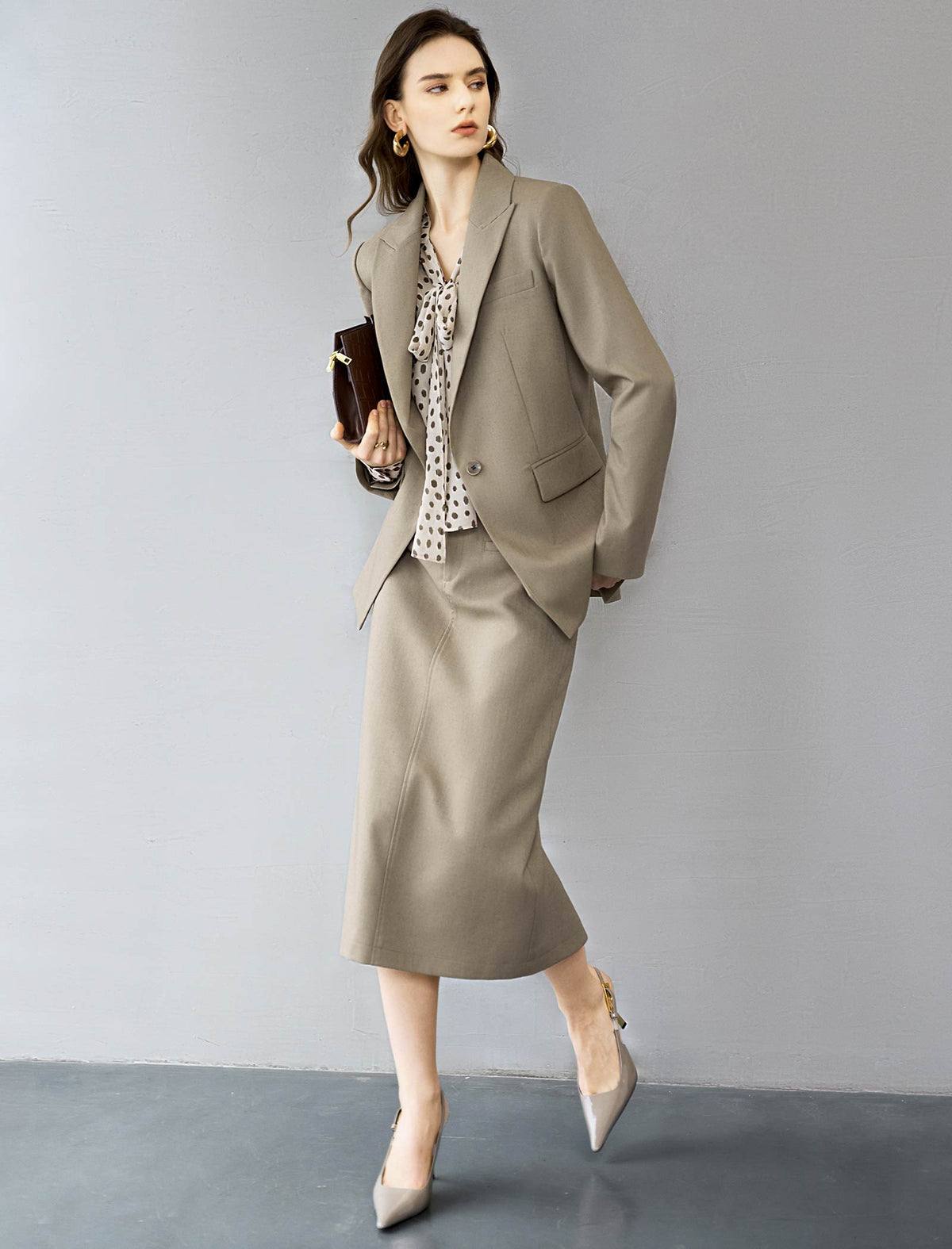 Oatmeal Ditsy Dot Tie-Neck Blouse