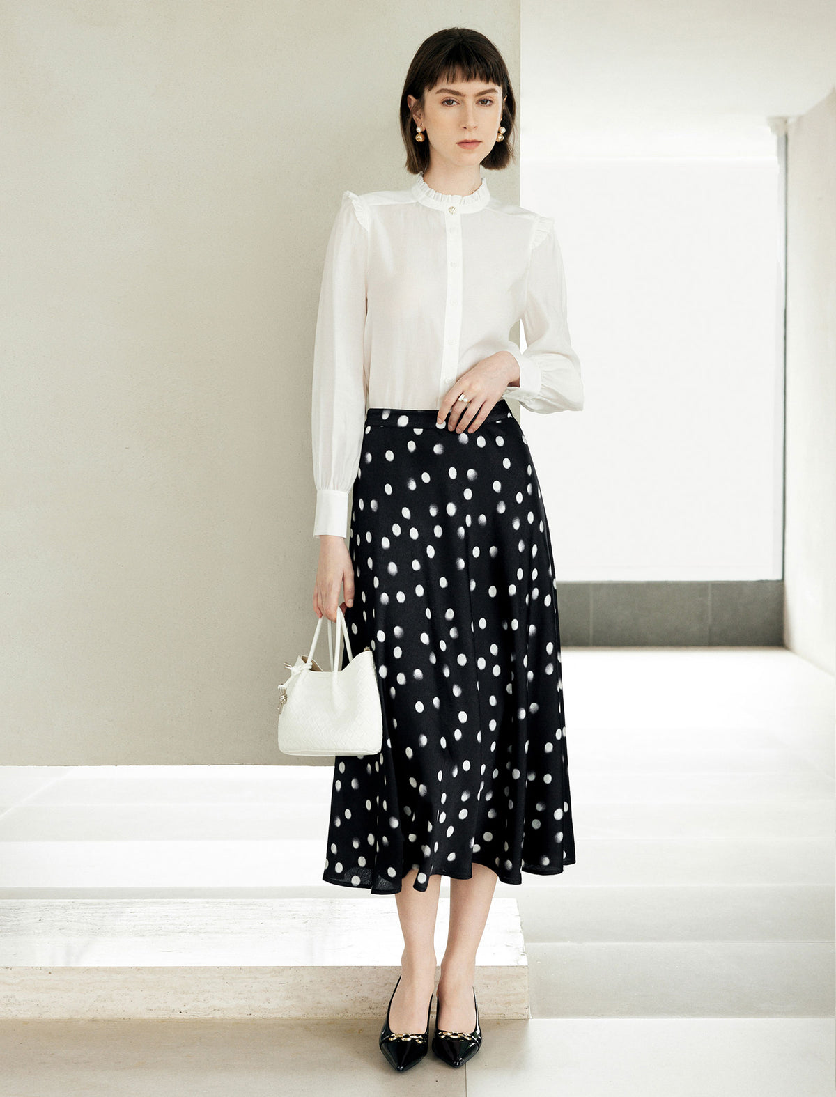 Black Watercolor Polka Dot High Waist Flared Midi Skirt