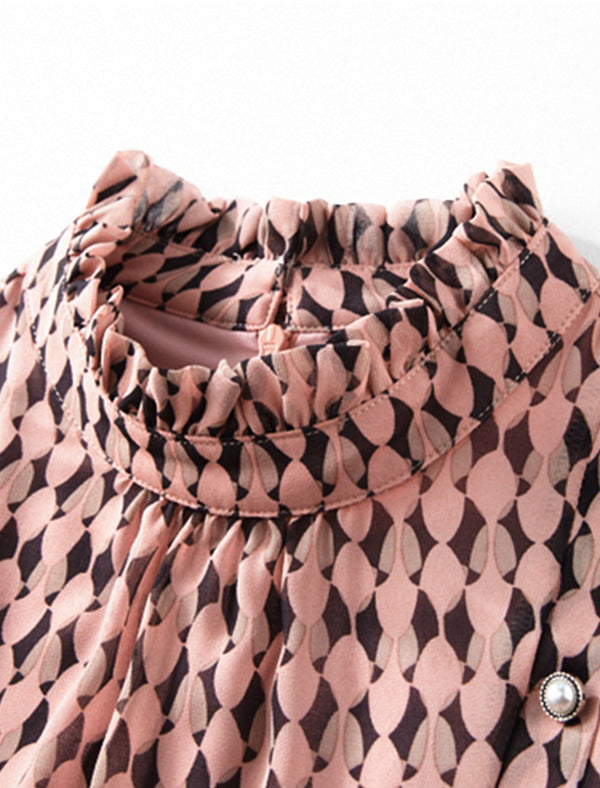 Geometric Print Ruffled Neckline Midi Dress