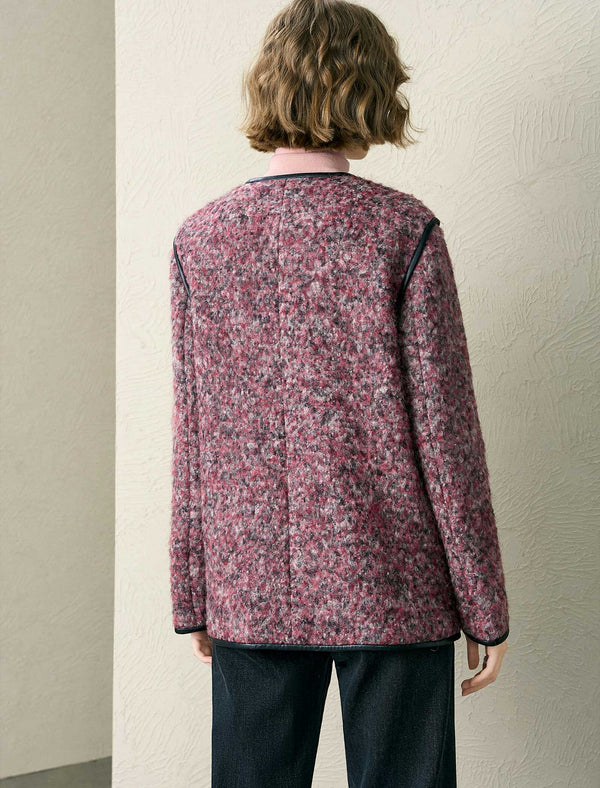 Tweed Wool-Blend Faux Leather Trim Jacket