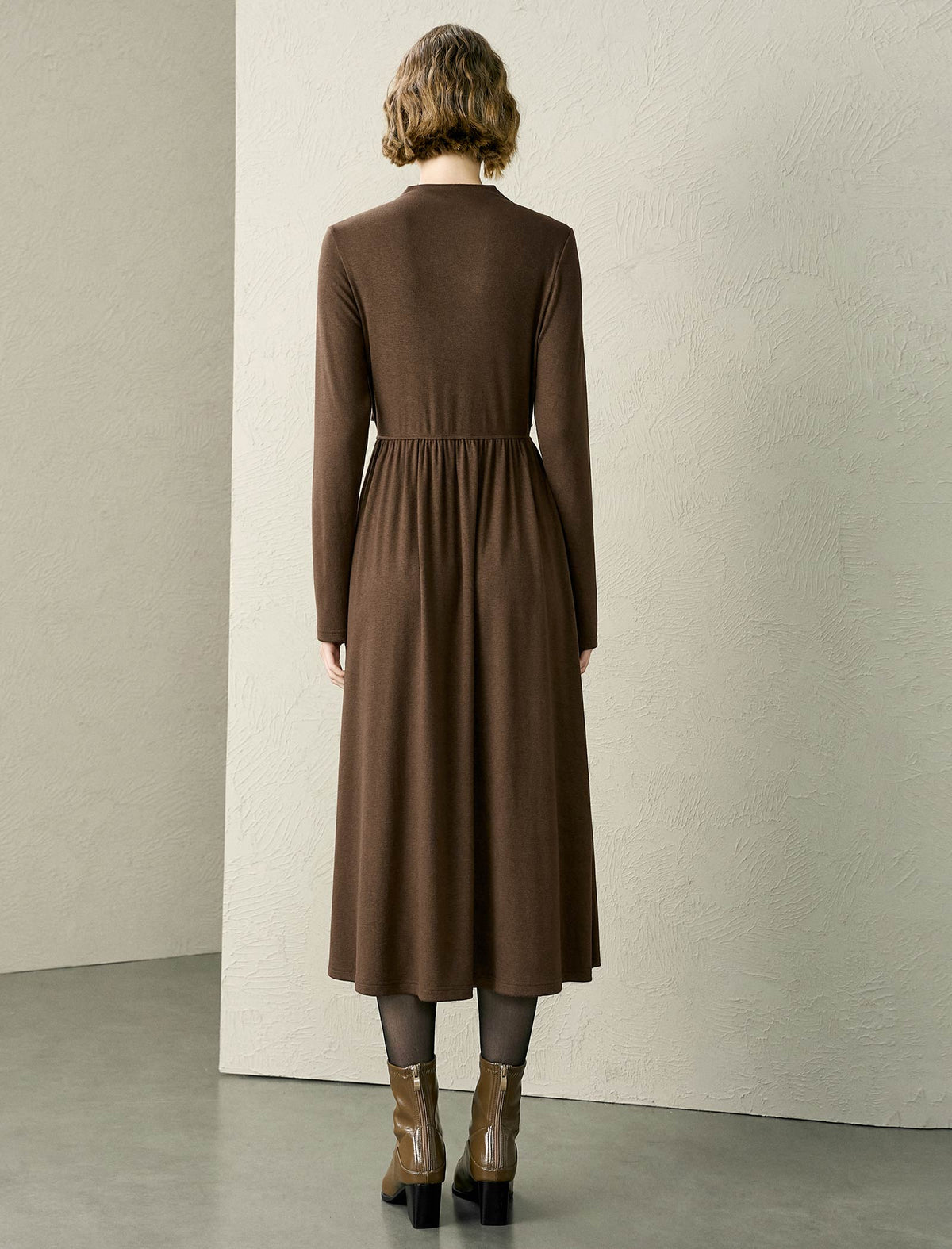 Mock Neck Wrap Detail Long Sleeve Midi Dress