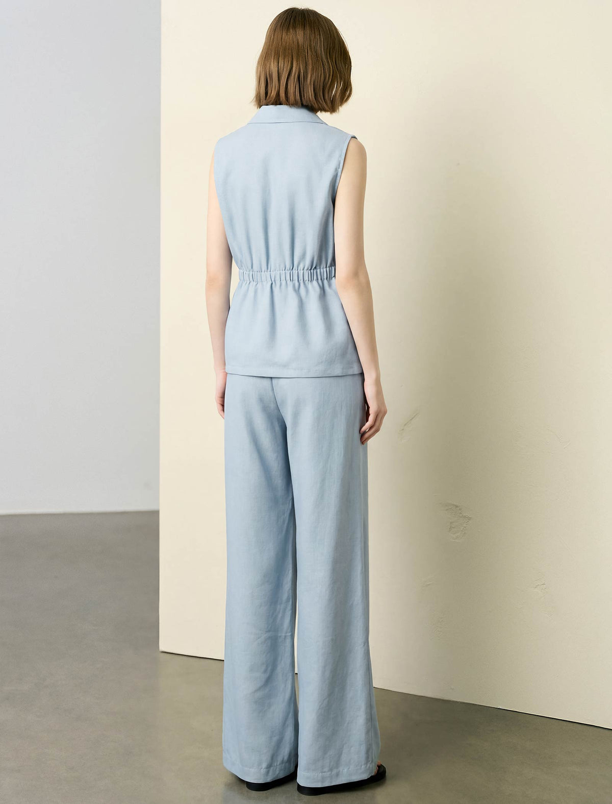 Light Blue Linen-Blend Wide Leg Pants