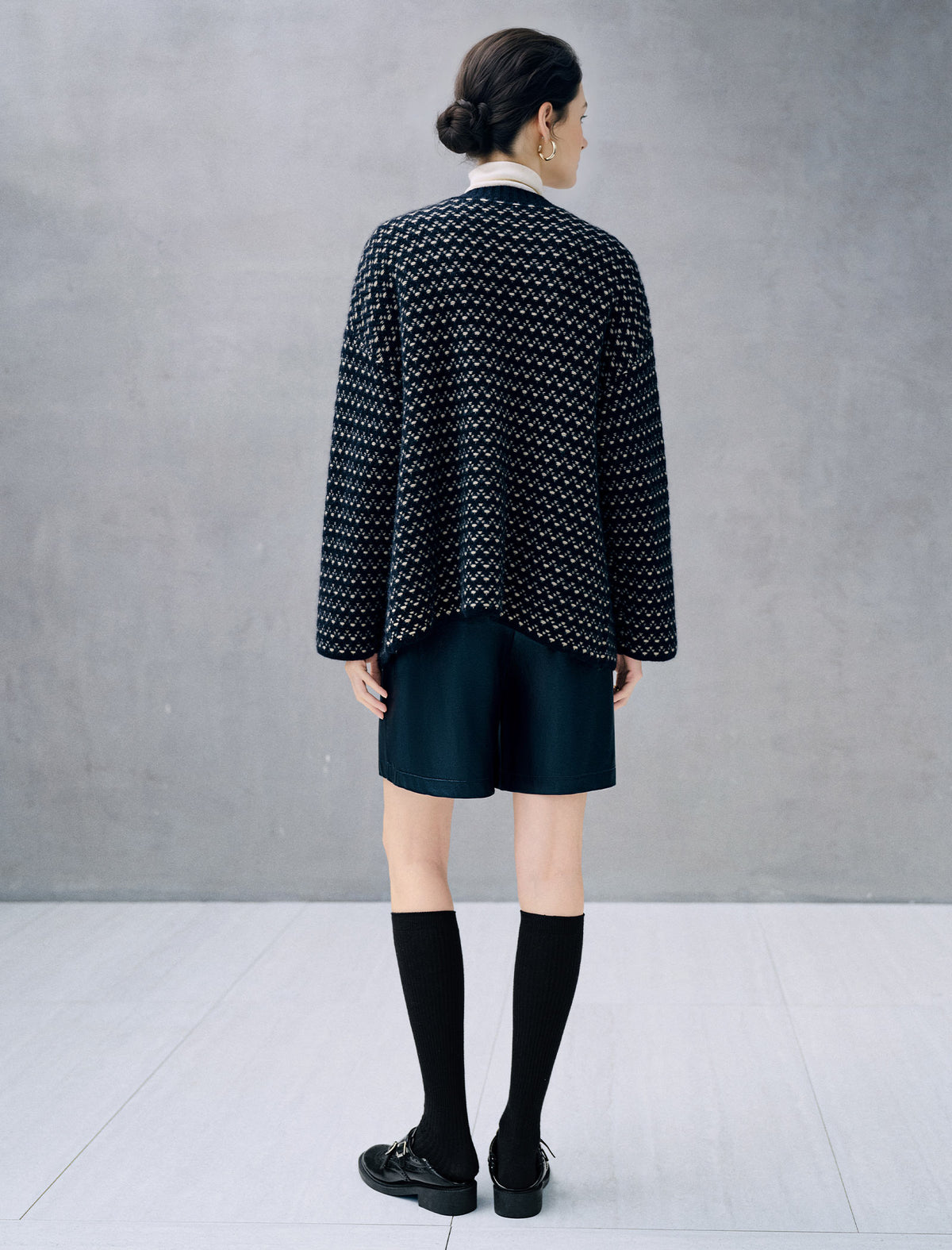 Wool Blend Polka Dot V-Neck Cropped Cardigan
