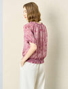 2-Way Pink Floral Print Ruffle Neck Puff Sleeve Elastic Hem Top