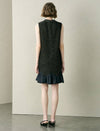 Black Tweed Wool-Blend Ruffle Hem Sleeveless Shift Dress