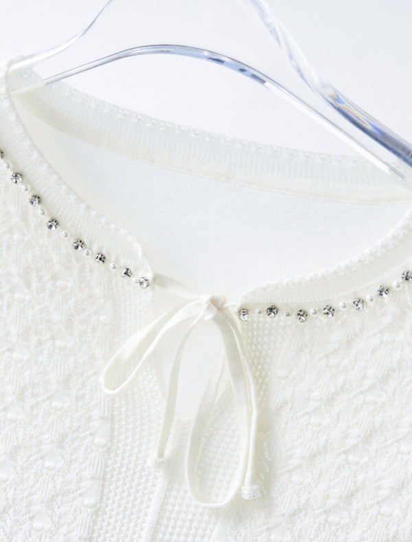 Tencel Eyelet Knit Tie-Neck Sweater