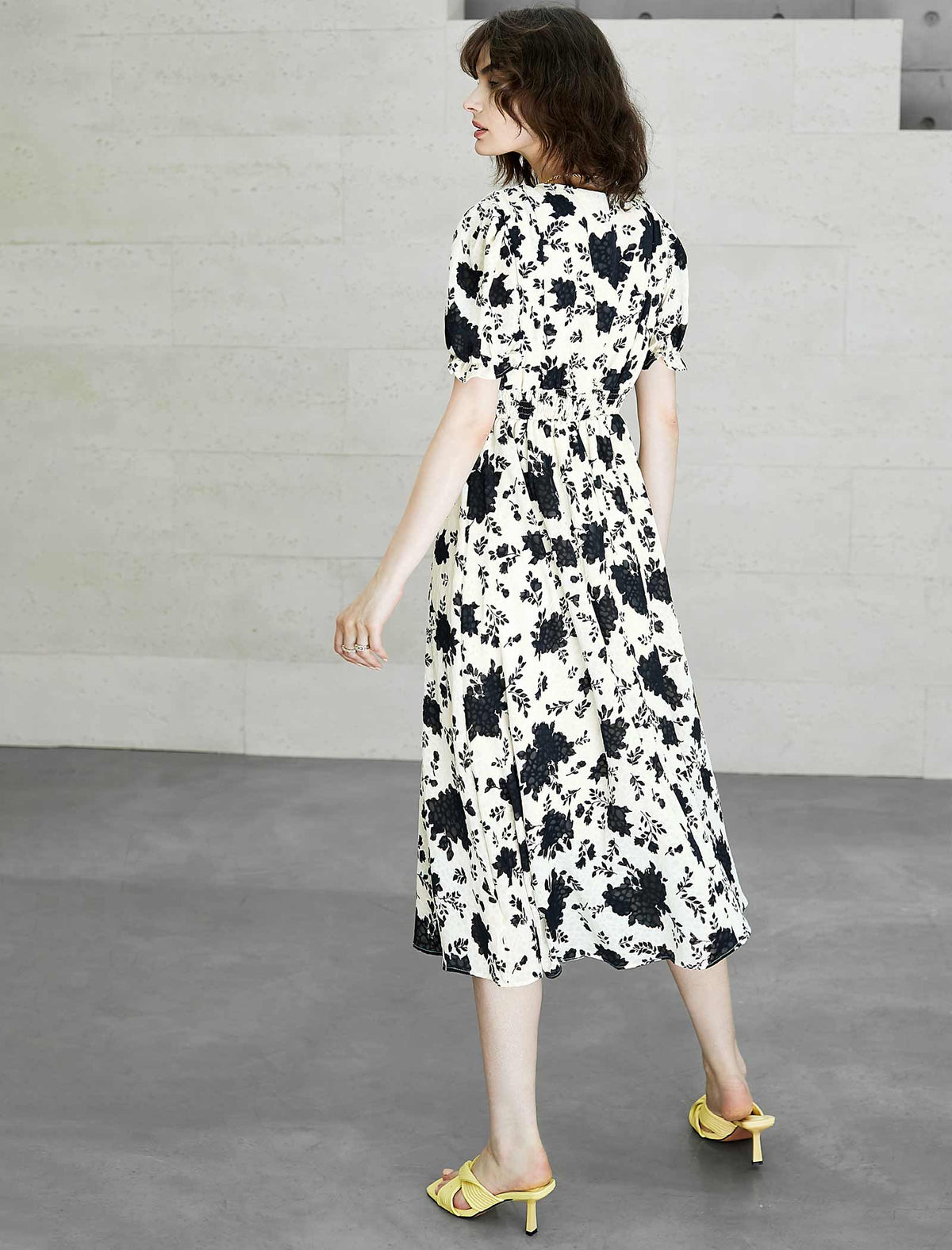 V-Neck Floral Waist-Cinched Dress