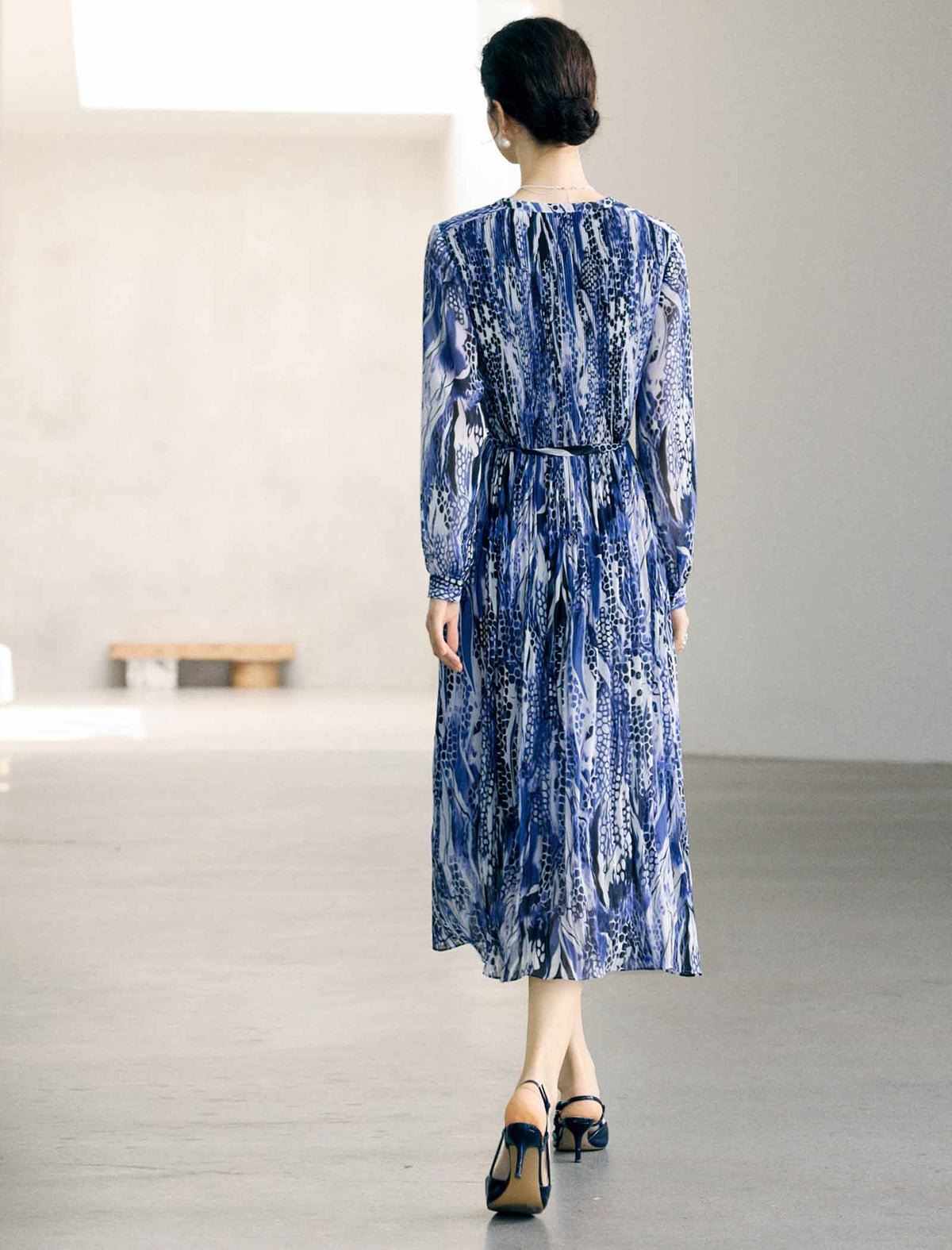 Abstract Floral Print Belted Long Sleeve Midi Dress