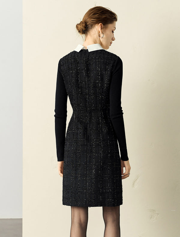 Doll Collar Waist-Defining Long-Sleeve Short Dress