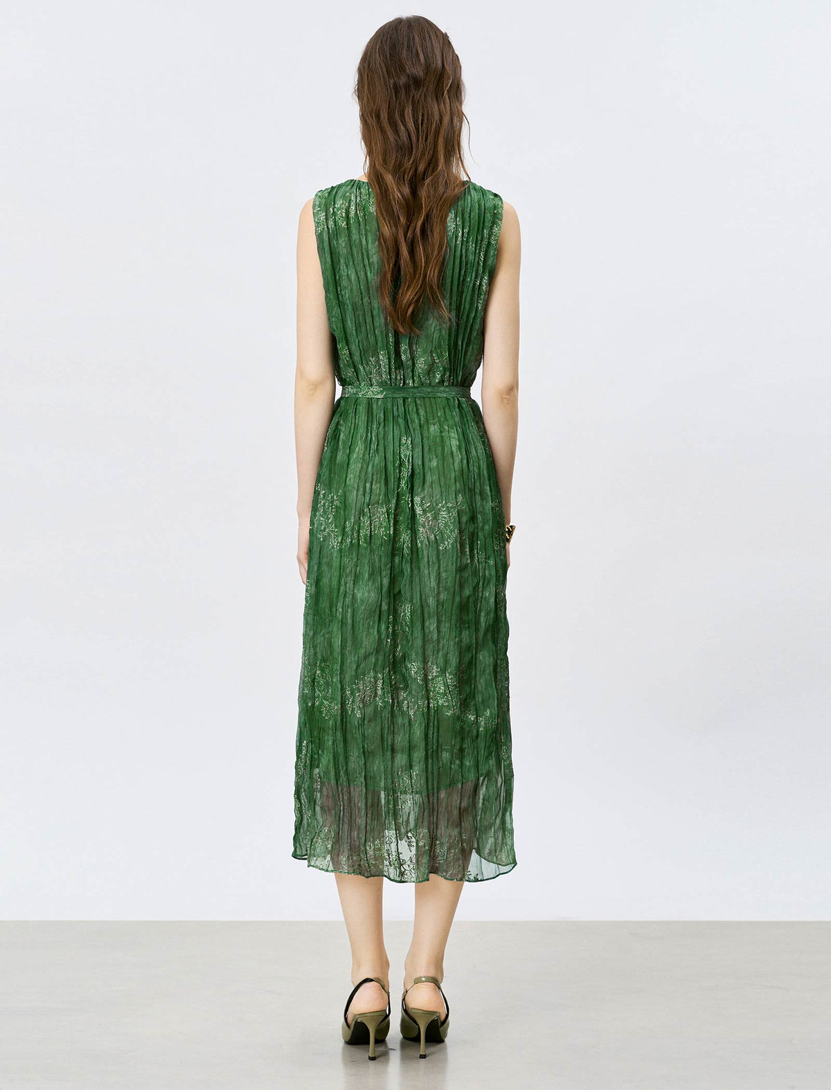 Emerald Green Crinkled Metallic Floral Midi Dress