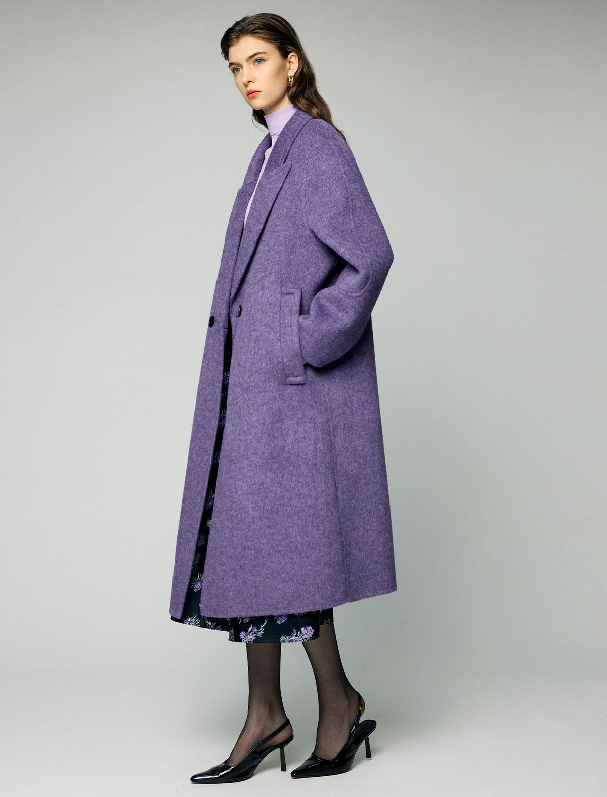 Wool Blend Notched-Lapel Double-Breasted Relaxed Long Coat