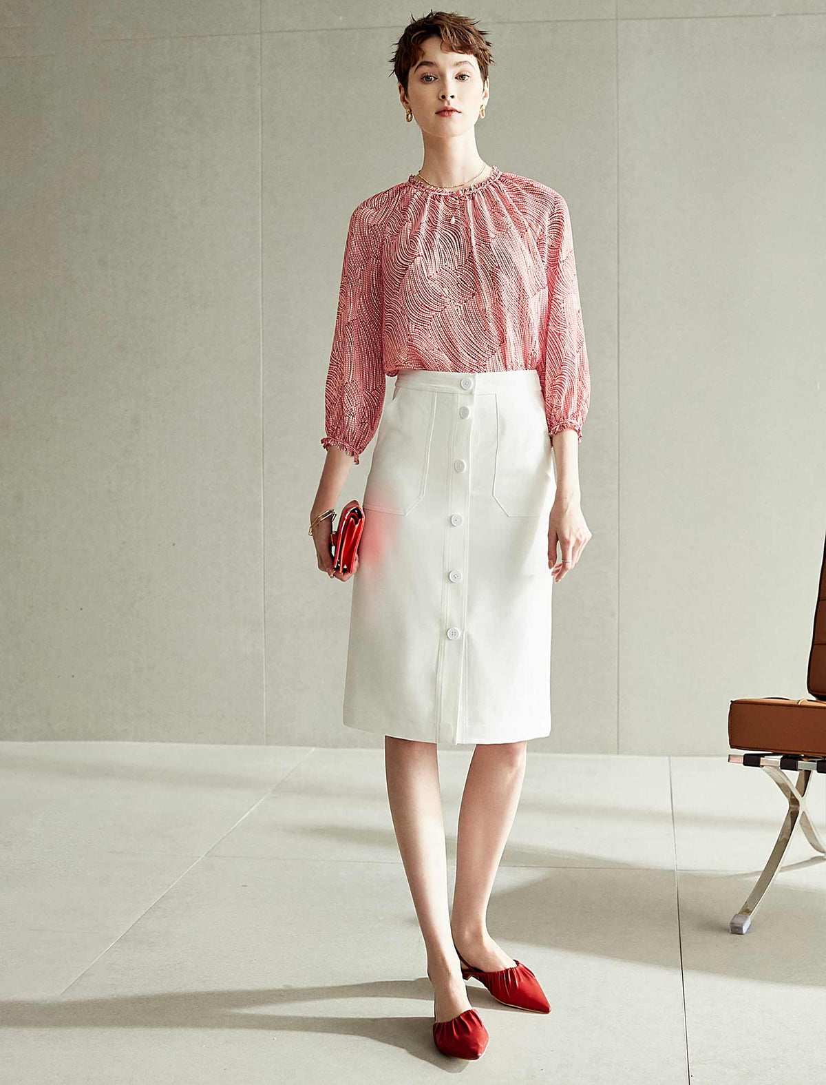 White Button-Front Midi Pencil Skirt