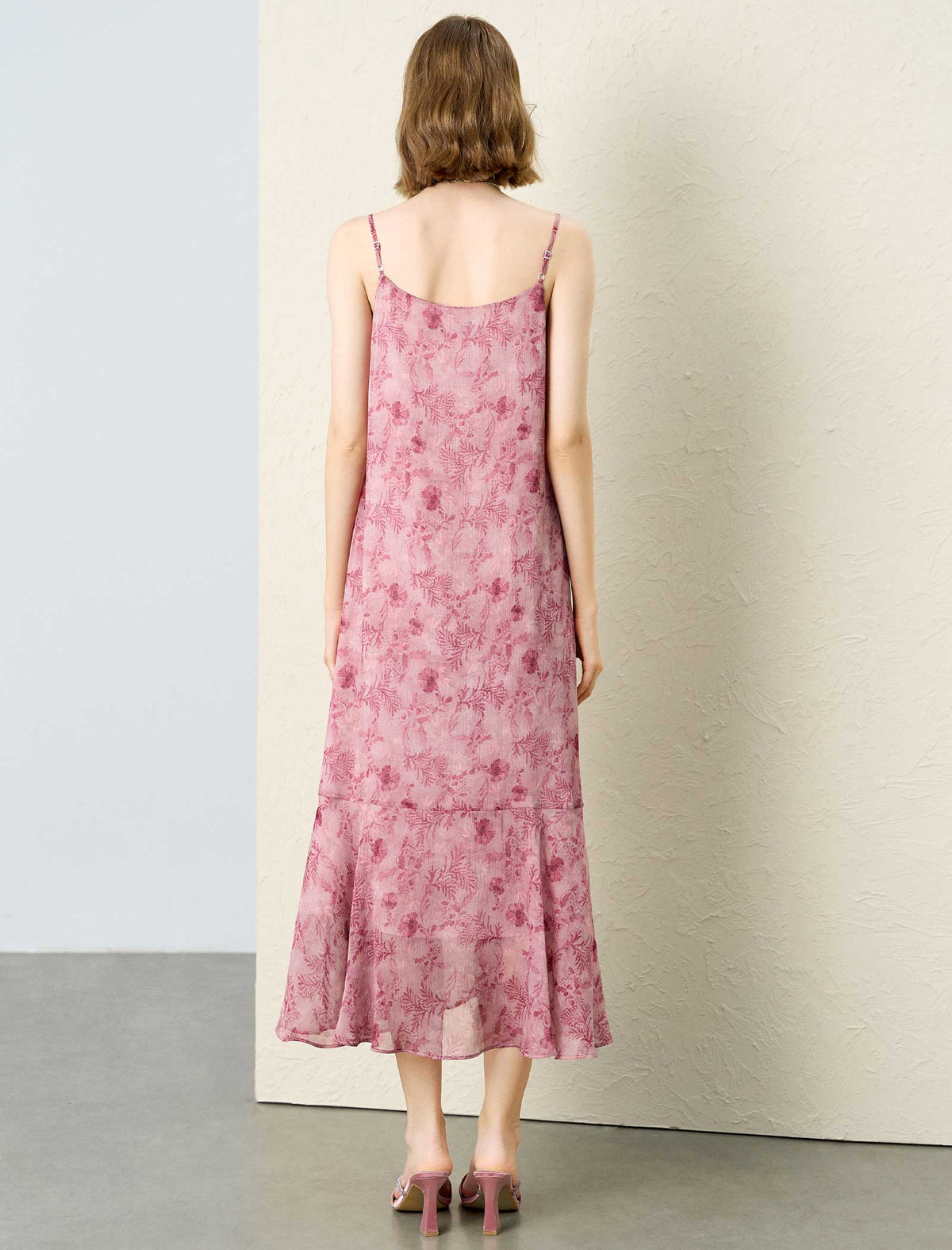 Dusty Pink Floral Print Adjustable Strap Tie Waist Midi Slip Dress