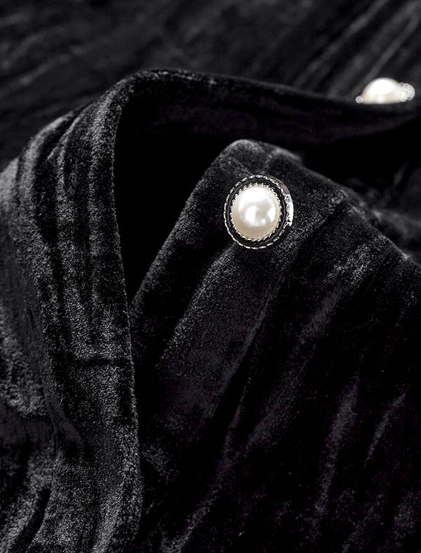 Black Velvet Embellished Button-Up Top