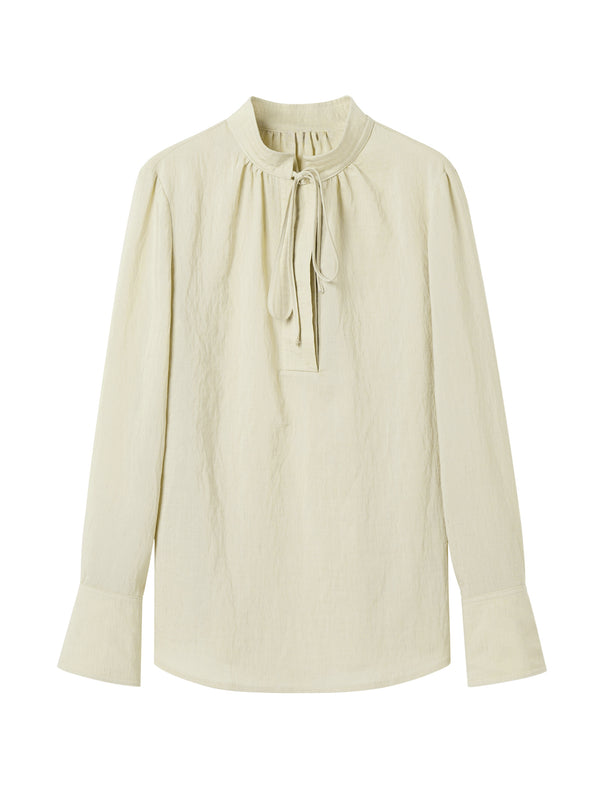 Linen Blend Tie-Neck Blouse