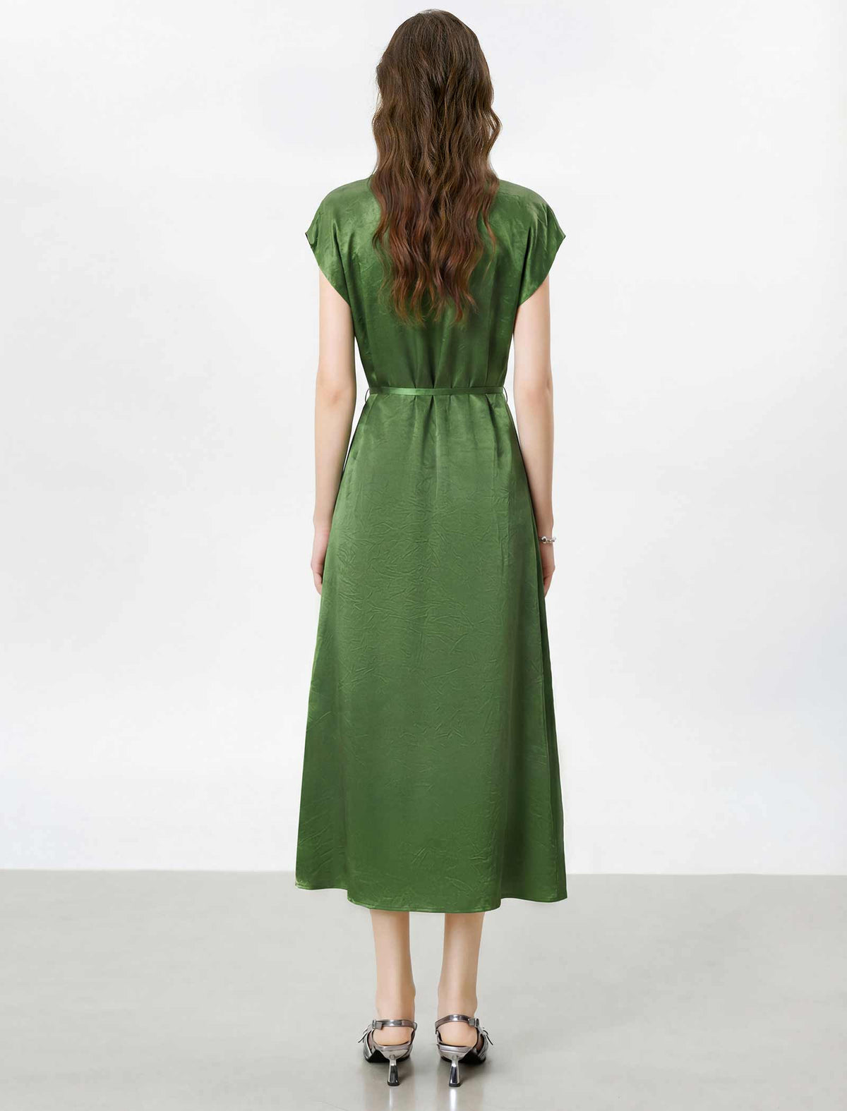 Acetate Satin V-Neck Belted Midi Dress