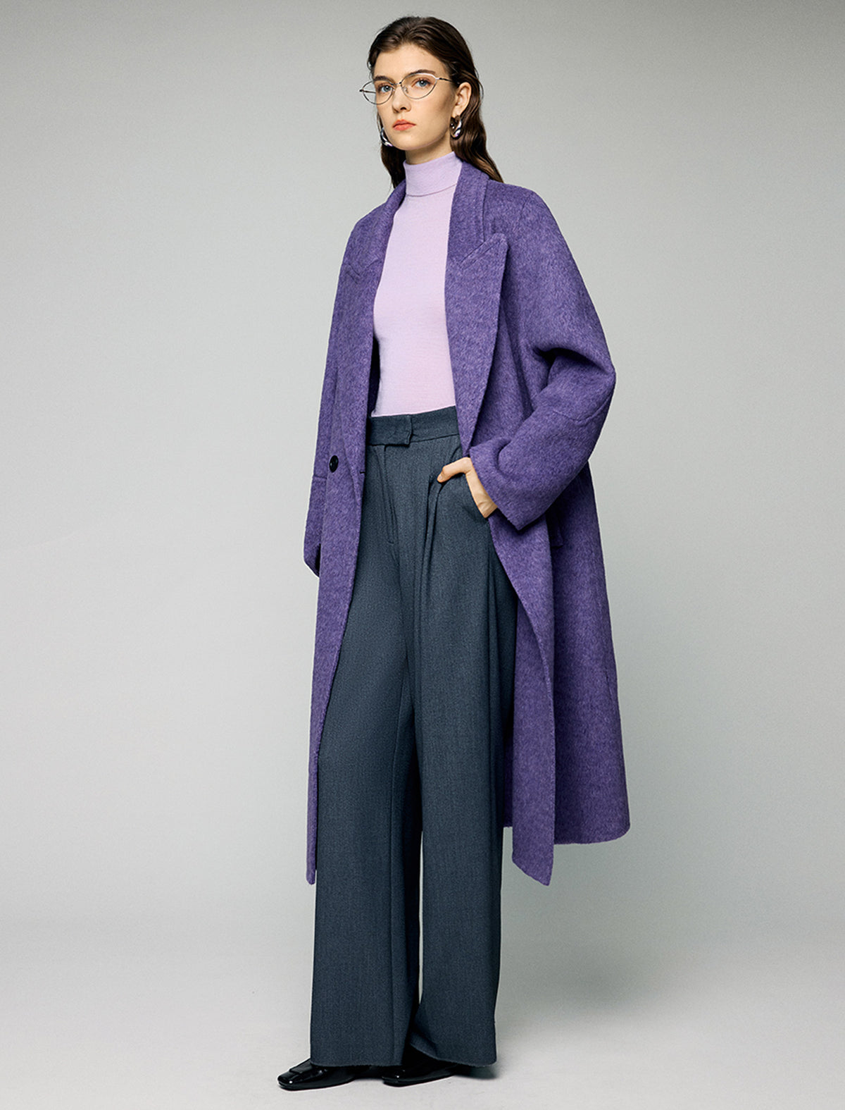 100% Wool Fine Knit Ruched Turtleneck Long Sleeve Top
