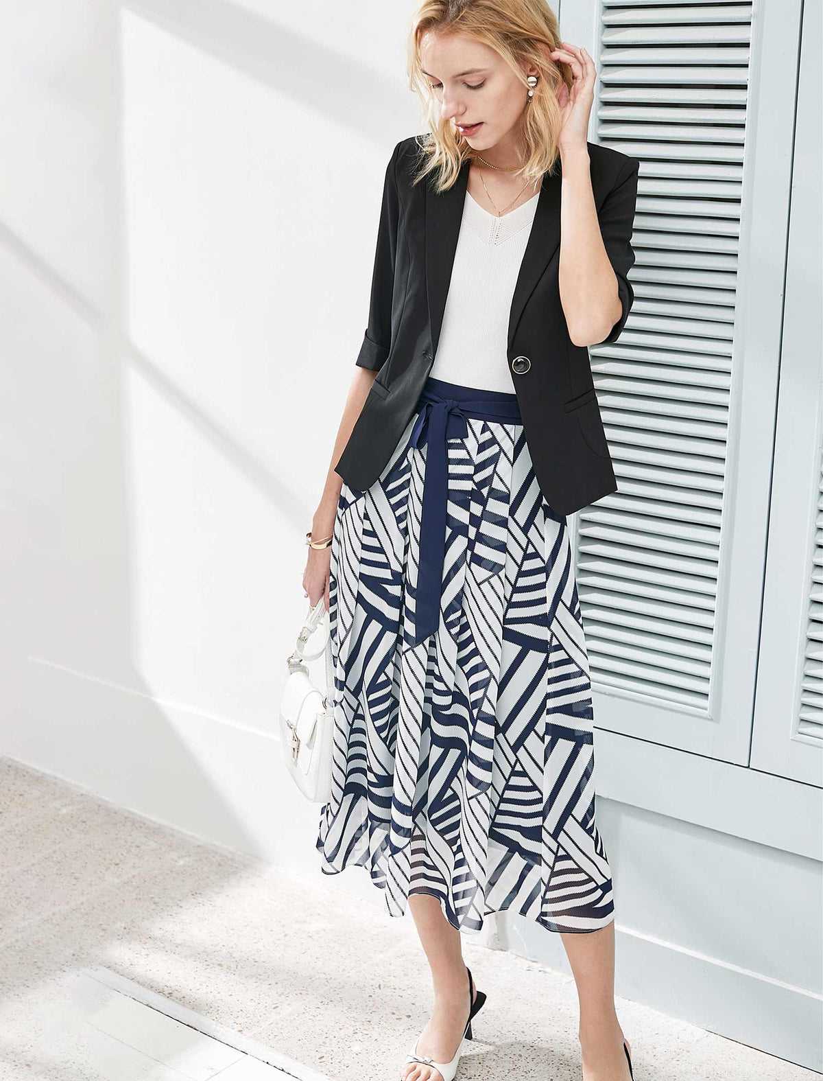 Geometric Print Self-Tie Midi Skirt