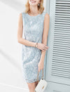 Dusty Blue Floral Lace Sheath Sleeveless Dress