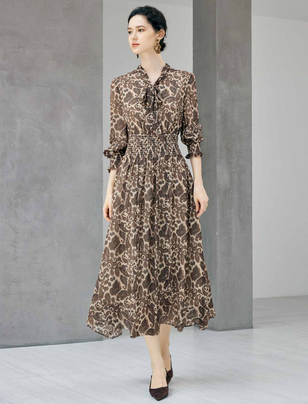 Paisley Print Tie Neck Smocked Waist Midi Dress