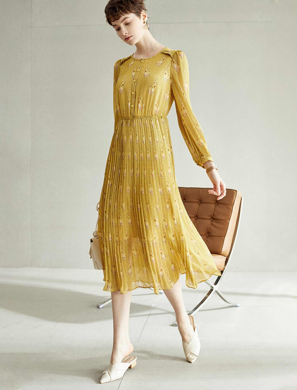 Mustard Yellow Floral Pleated Midi Dress