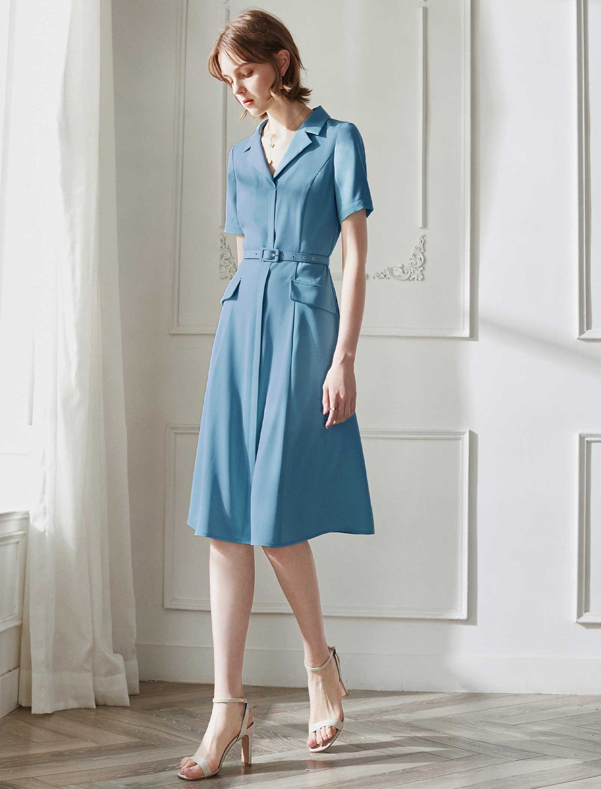 Belted Notch Collar Fit-and-Flare Midi Shirt Dress