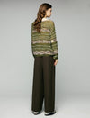 Wool Blend Shimmer Openwork Wave-Trim Crewneck Sweater