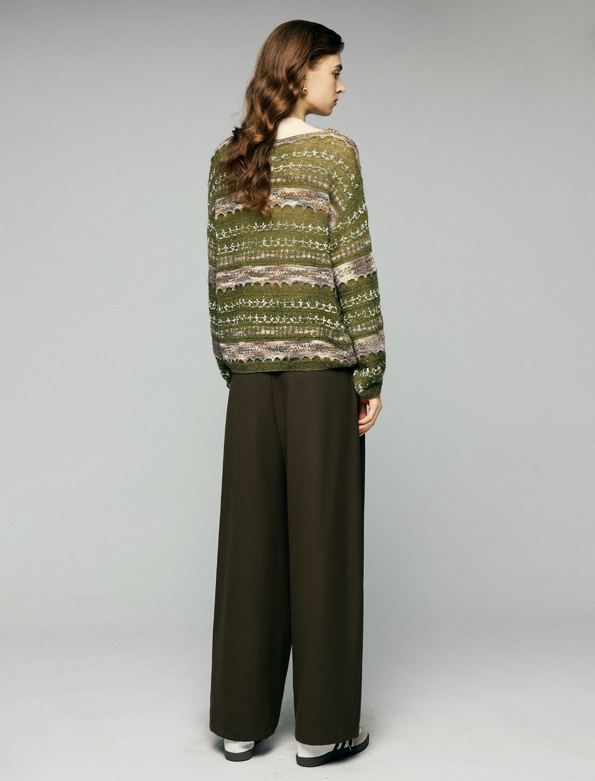 Wool Blend Shimmer Openwork Wave-Trim Crewneck Sweater